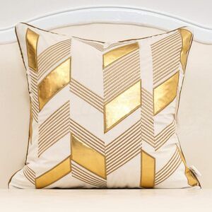White Geometric Gold Leather Striped Cushion Throw Pillow Cover